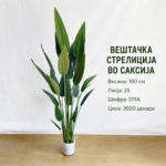 Вештачка стрелиција во саксија достапна во 2 висини: 110 cm (шифра D11) и 160 cm (шифра D11A), декоративно зелено растение за внатрешен простор.