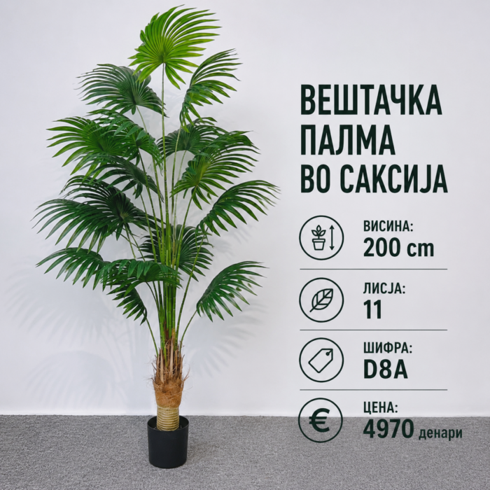 Вештачка палма во саксија достапна во 2 висини: 160 cm и 200 cm, со шифри D8 и D8A.