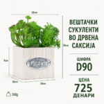 Вештачки сукуленти во дрвена саксија, шифра D90, цена 725 денари.