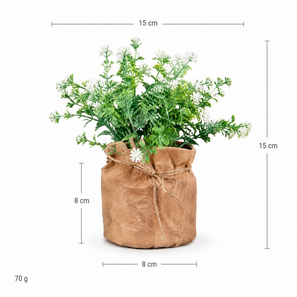 Вештачко цвеќе во саксија D111-A – бело – димензии 15 × 15 cm, саксија 8 × 8 cm, тежина 70 g, 1 парче