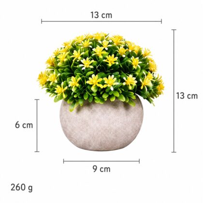 Вештачко цветно растение во саксија D64-A – жолто – димензии 13 × 13 cm, саксија 9 × 6 cm