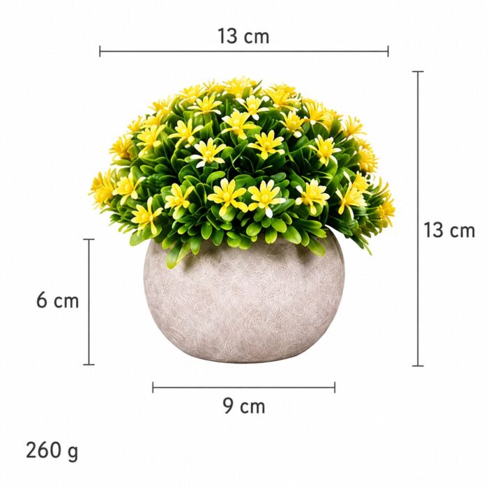 Вештачко цветно растение во саксија D64-A – жолто – димензии 13 × 13 cm, саксија 9 × 6 cm